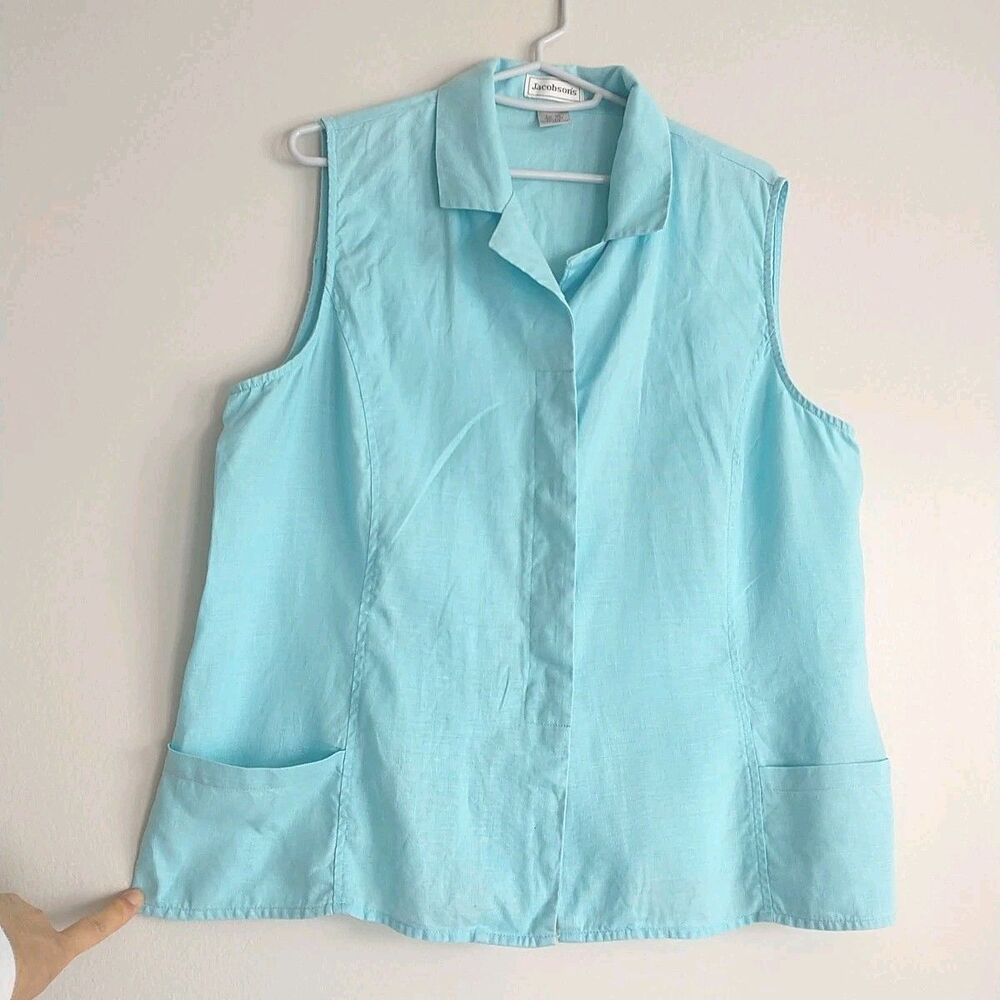 Jacobson Shirt Blouse Womens XL/L*Blue 100% Linen Sleeveless Buttons Collared